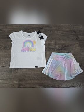 Adidas Girls Rainbow Logo Tee & Pastel Ombre Skort Set Size 4 NWT